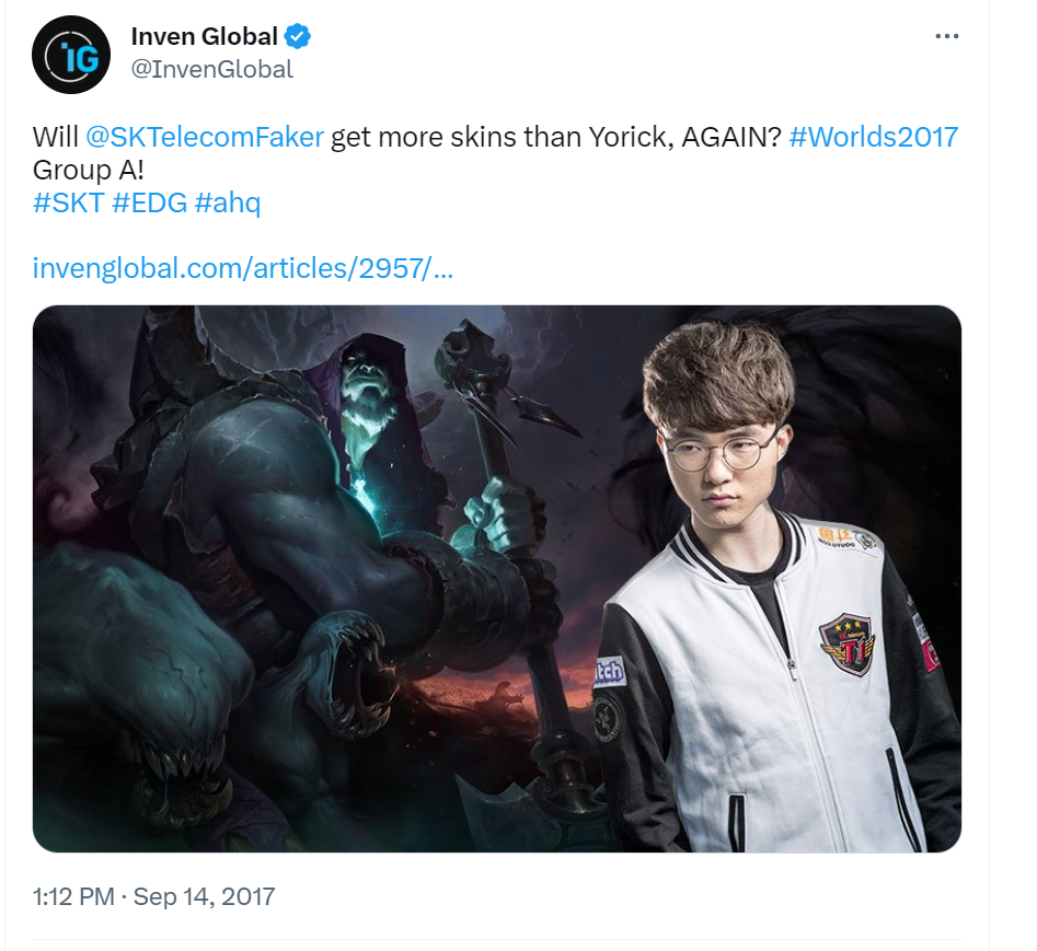 Inven global tweet about faker 2017