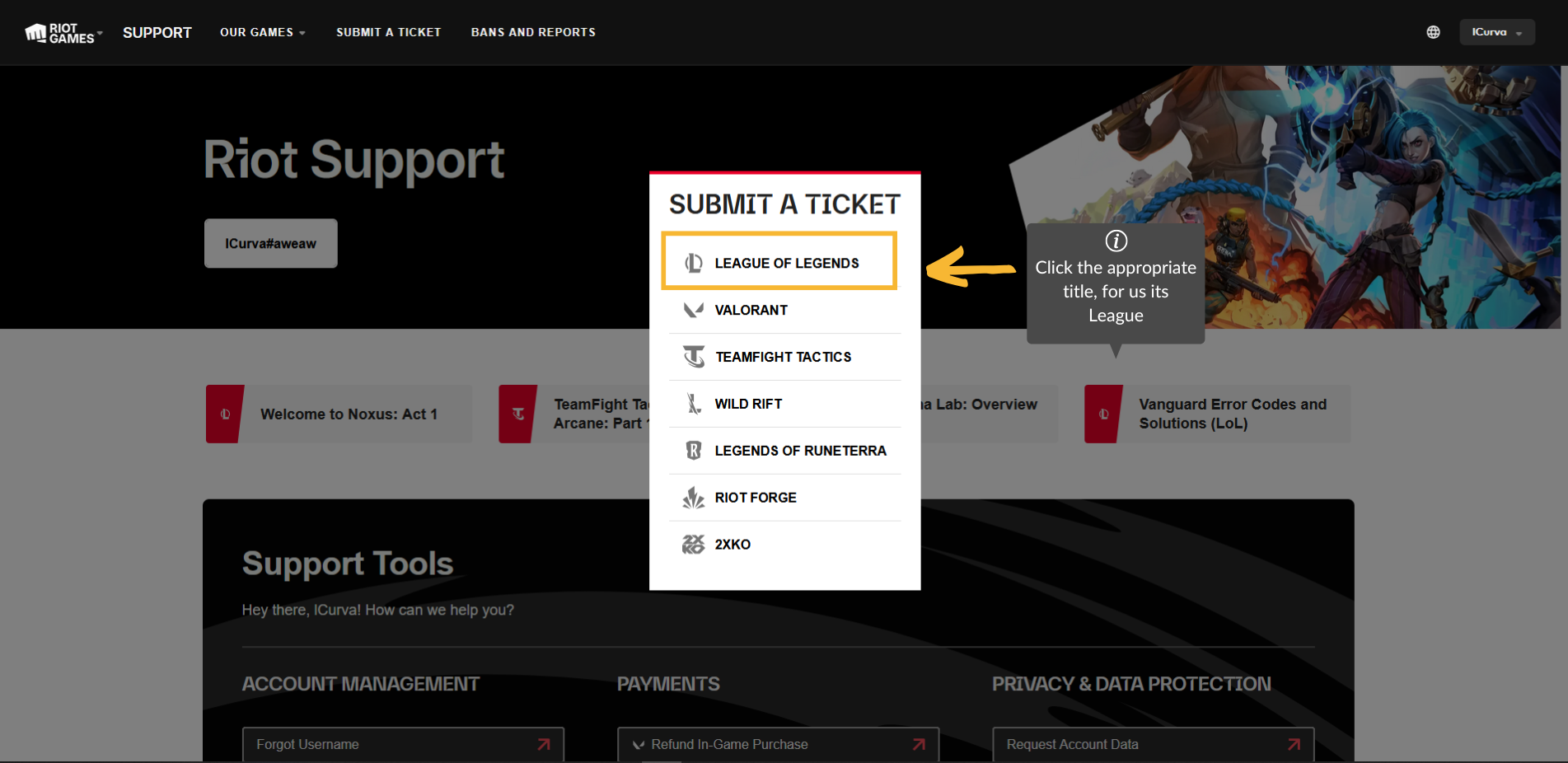 submit a ticket button on the leagueoflegends site