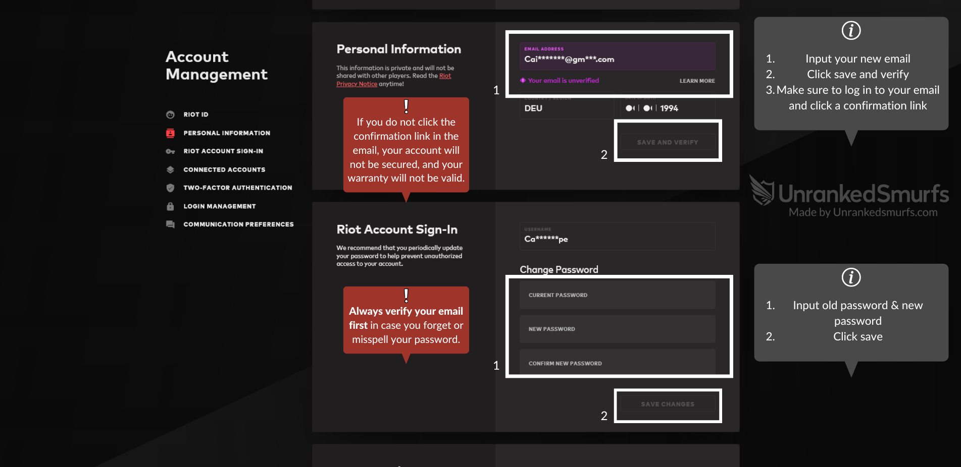 changing email and password on the leagueoflegends website