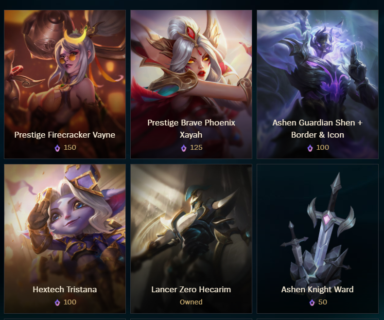 Currently available skins in mythic essence shop